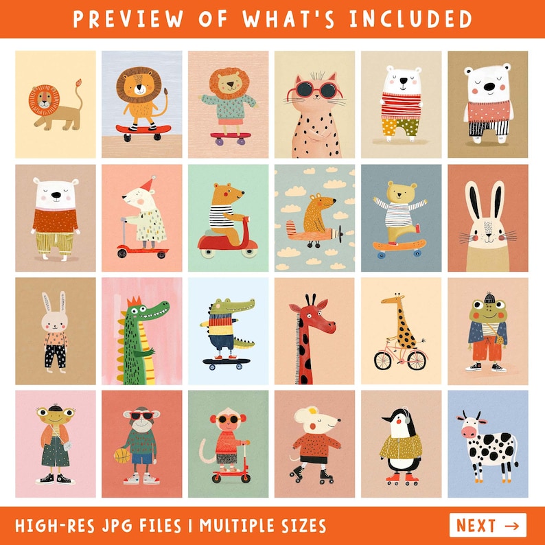 May include: A collection of colorful animal illustrations, including a lion on a skateboard, a bear in striped pants, and a giraffe on a bicycle. The text "PREVIEW OF WHAT'S INCLUDED" and "HIGH-RES JPG FILES I MULTIPLE SIZES" are displayed.