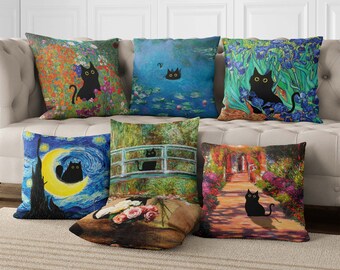 Housse de coussin Monet nénuphar chat, chat Claude Monet, taie d'oreiller Matisse chat noir, housse de coussin chat drôle, cadeau drôle, chat de Van Gogh, cadeau