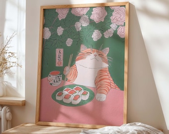 Japanische Ukiyo-e Katze Sushi Druck, orange getigerte Küche Deko