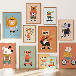 May include: A collection of framed art prints featuring cartoon animals engaged in various activities. The artwork includes a lion with a baseball bat, a bear with a soccer ball, a cat playing guitar, and a dog with a football.