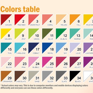 May include: A color chart with 35 different color swatches, each labeled with a number and a name. The colors range from red to white and include shades of yellow, green, blue, pink, purple, brown, and gray. The chart is titled "Colors table".