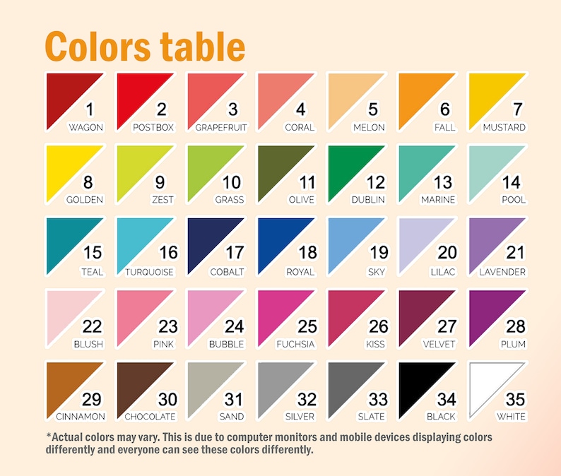 May include: A color chart with 35 different color swatches, each labeled with a number and a name. The colors range from red to white and include shades of yellow, green, blue, pink, purple, brown, and gray. The chart is titled "Colors table".
