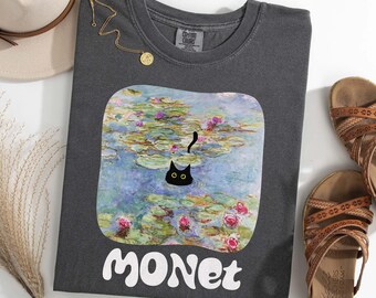 Monet Cat Comfort Colors T-shirt, Water Lilies Black Cat Art