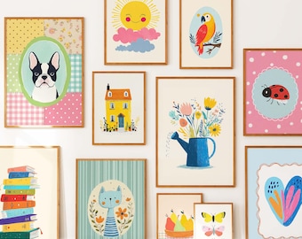 Eclectic Nursery Art Printable Bundle - 140 Whimsical Illustrations, Bright Playroom Prints, Retro Kids Wall Art, Colorful Animal Poster