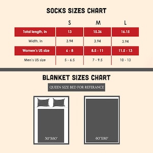 May include: A chart showing sock sizes in small, medium, and large, with measurements in inches. The chart also shows women's and men's US shoe sizes. Below the chart is a diagram showing two blanket sizes: 50 inches by 60 inches and 60 inches by 80 inches.