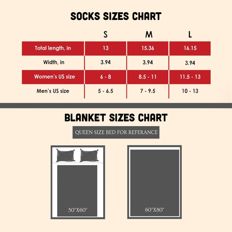May include: A chart showing sock sizes in small, medium, and large, with measurements in inches. The chart also shows women's and men's US shoe sizes. Below the chart is a diagram showing two blanket sizes: 50 inches by 60 inches and 60 inches by 80 inches.