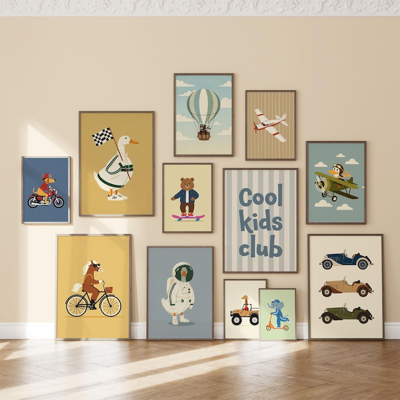 150 väggkonst med retrofordon, barnrumsdekor, barnrumstransporter, set med vintagebilar, digital nedladdning, utskrivbar konst bild 2
