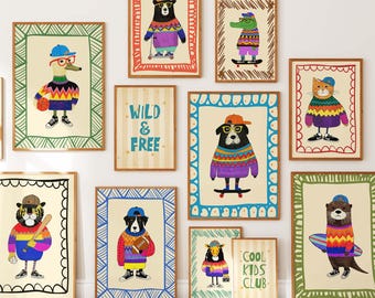 Animal Skateboard Nursery Print Set, Boys Room Decor (Digital Download)