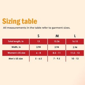 May include: Sizing table for a garment with measurements in inches for total length, width, and US sizes for women and men. The table shows sizes S, M, and L.