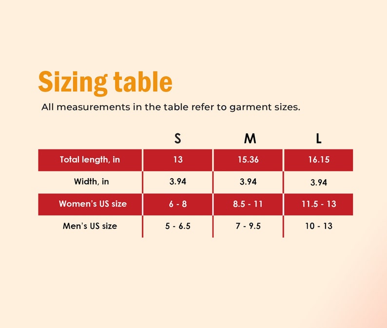May include: Sizing table for a garment with measurements in inches for total length, width, and US sizes for women and men. The table shows sizes S, M, and L.