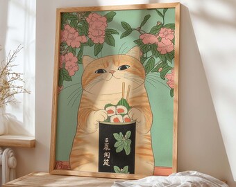 Tabby Katze Sushi Ukiyo-e Druck, Japanische Küche Dekor (Digitaler Download)