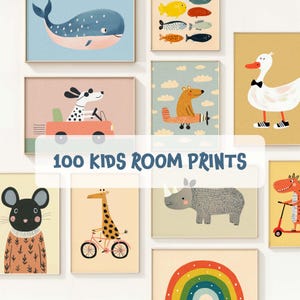 May include: A collection of framed art prints for a kid's room, featuring whimsical illustrations of animals like a whale, dog in a car, duck, mouse, giraffe on a bicycle, and a rhino. The text "100 KIDS ROOM PRINTS" is displayed.