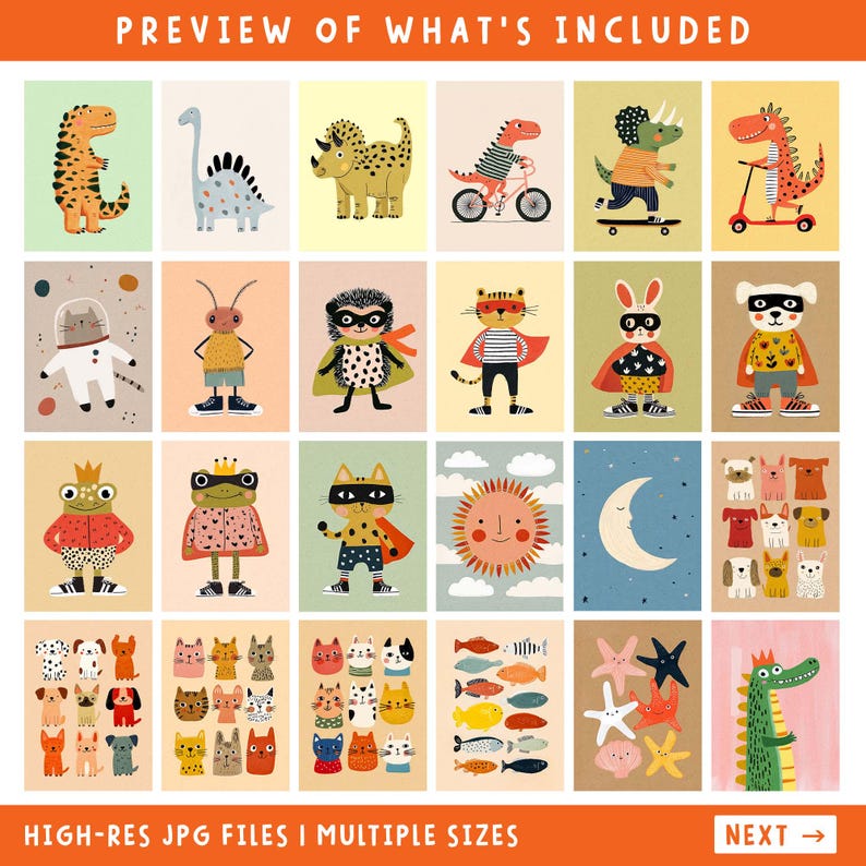 May include: A collection of colorful, illustrated art prints featuring various animals and creatures, including dinosaurs, cats, and dogs. The prints have a whimsical style and are set against a neutral background. Text at the top reads "PREVIEW OF WHAT'S INCLUDED".