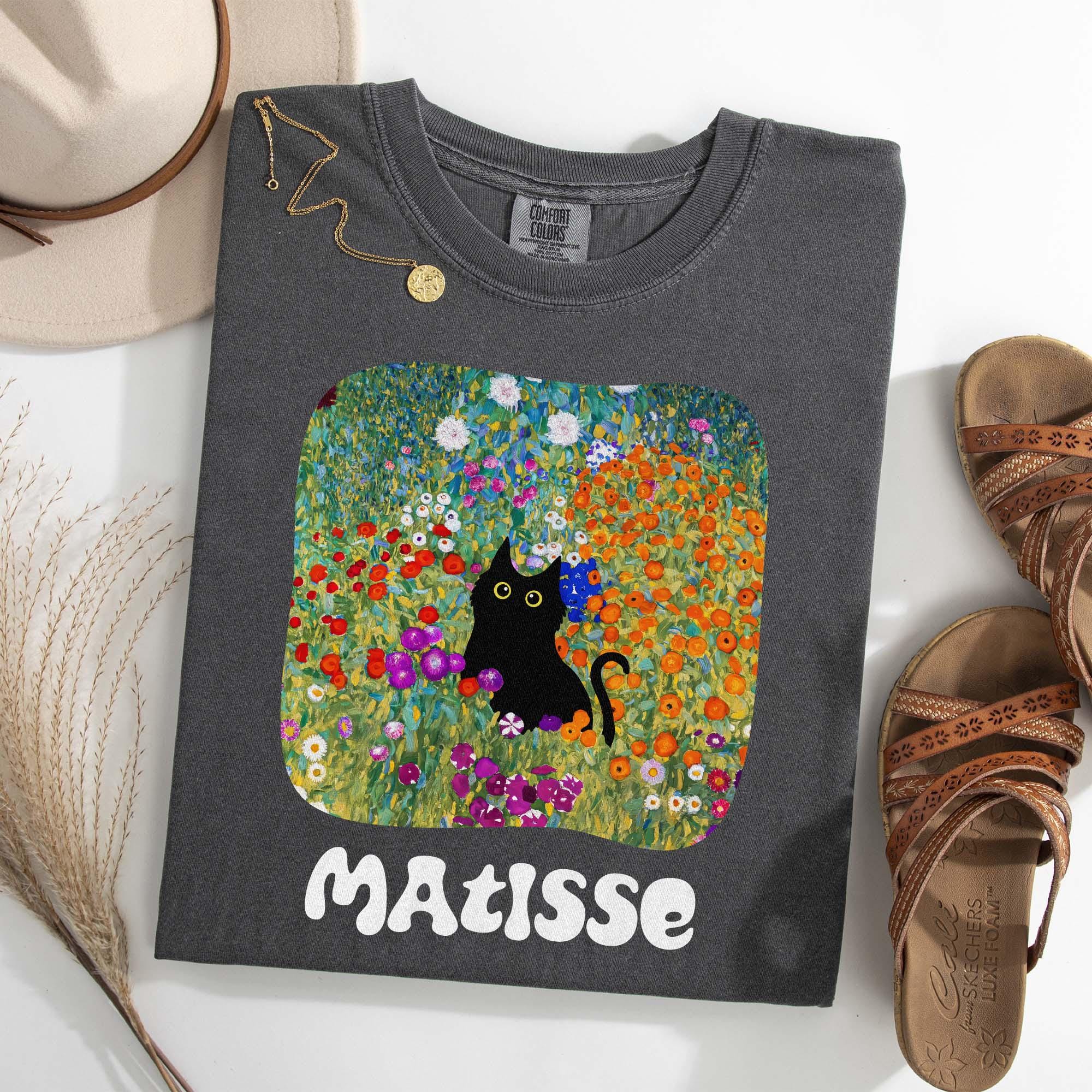 Comfort Colors Matisse Cat Shirt, Whimsical Black Cat in Floral Art Tee, Colorful Art Cat Shirt Funny Artist Gift, Retro Art Lover Tee A003