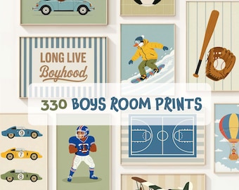 Lot de 330 oeuvres d'art murales rétro pour chambre de garçon, impressions pour chambre d'enfant, décoration de chambre d'enfants, affiches de bébé garçon, salle de jeux pour tout-petits, ensemble d'oeuvres d'art imprimables pour voitures, animaux