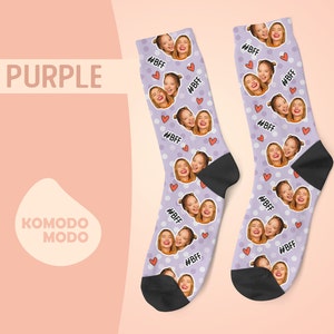 Custom Face Socks, Personalized Best Friends Photo Sock, Picture Face on Socks, Customized Funny Photo Gift For Her, Him, Friends BFF, 1BFF Purple