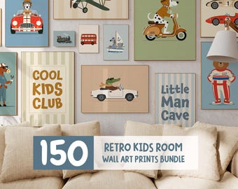 Zestaw 150 grafik ściennych do pokoju dziecięcego w stylu retro, wystrój pokoju dziecięcego, grafiki z motywami transportu, zestaw plakatów z zabytkowymi samochodami, grafika do druku
