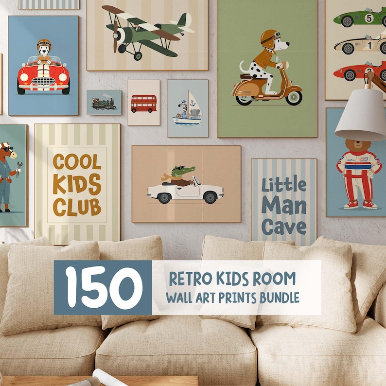 150 väggkonst med retrofordon, barnrumsdekor, barnrumstransporter, set med vintagebilar, digital nedladdning, utskrivbar konst bild 9