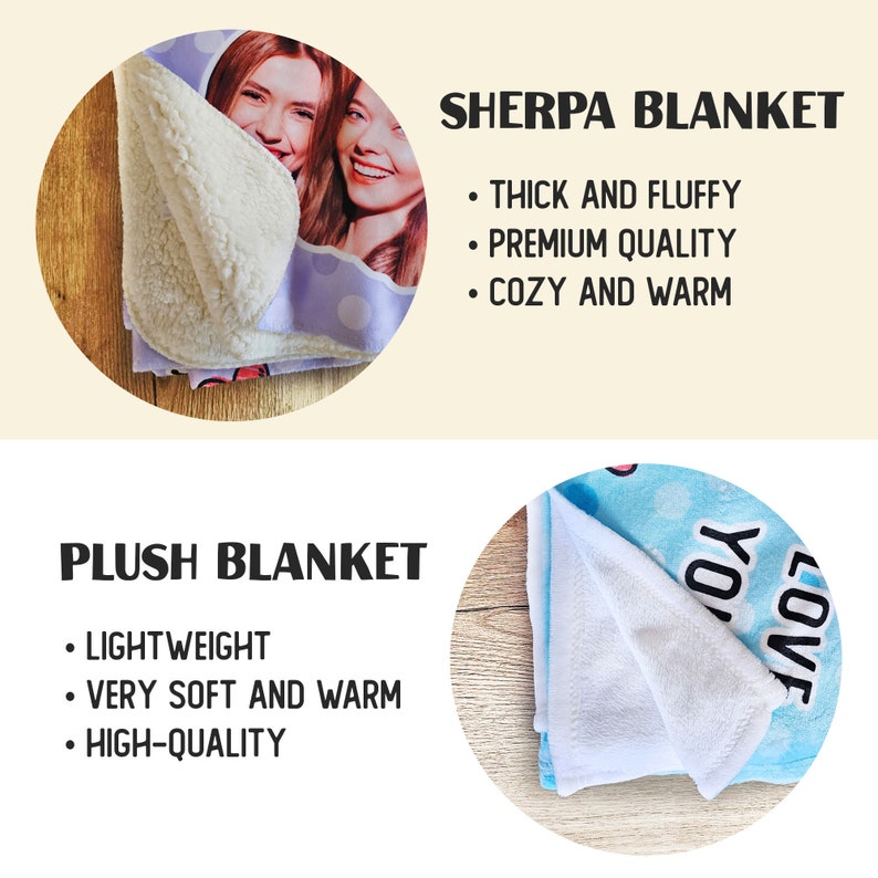 May include: Two close-up images of blankets. The first image shows a purple and white sherpa blanket with a photo printed on it. The second image shows a blue plush blanket with the words "You're Loved" printed on it.