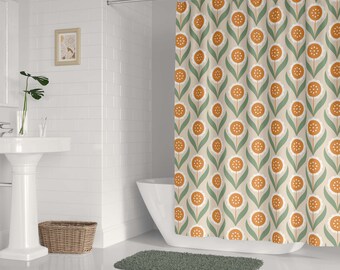 Retro Scandinavian Flowers Shower Curtain, Pastel colors Bath Curtain, Bathroom Decor, Waterproof Curtain, Sunflowers, Scandi design