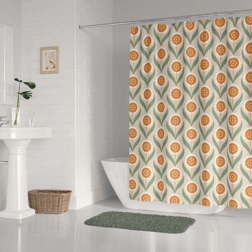 Retro Scandinavian Flowers Rideau de douche, Couleurs pastel Rideau de bain, Décor de salle de bain, Rideau imperméable, Tournesols, Design scandinave