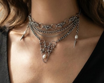 Kettenhemd mit Perlen | Edelstahl Choker mit Spikes