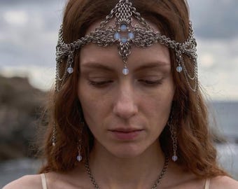 Bridal Chainmail Jewelry Set with Moonstone | Headpiece + Necklace + Earrings | Fantasy Bride Jewelry | Gothic Wedding Accessories