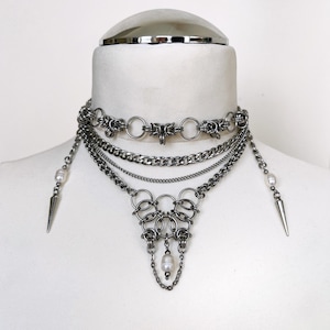 Stainless Steel Spiked Chainmail Choker Necklace With Pearls