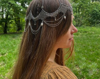 Elven Chainmail Bridal Headpiece | Elegant Pearl Wedding Headpiece | Fairycore Wedding Crown