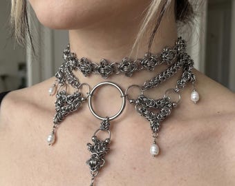 Chainmail Layered Necklace with Pearls | Gothic Stainless Steel Choker | Statement Jewelry