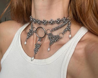 Chainmail Choker Stainless Steel Pearl Necklace