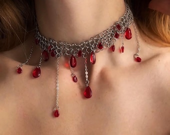Gothic Chainmail Necklace with Red Glass Drops