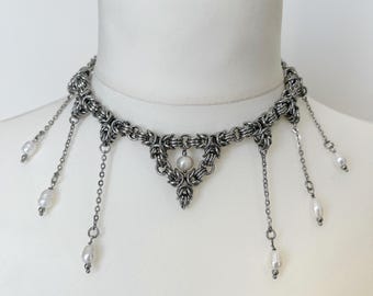 Chainmail Choker Stainless Steel Pearl Necklace