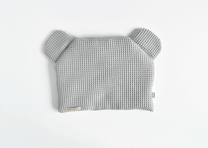 Waffle cotton baby shower gift Bear head flat baby pillow with ears Light gray animal shaped pillow