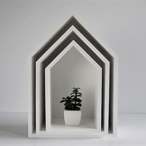 Set of 3 white wooden house shelves - House shaped shelf - Scandinavian style floating shelves - Wooden house decor - Wood shelf