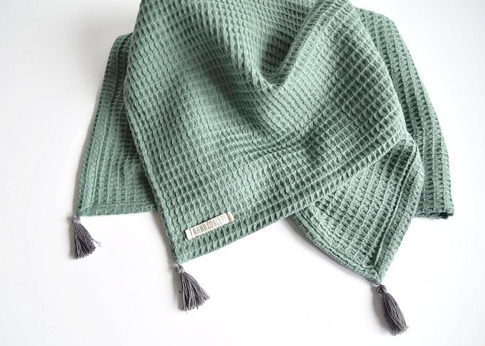 Sage Green Baby Blanket With Tassels Waffle Cotton Boho Blanket Gender Neutral Toddler Blanket Baby Shower Gift Etsy Canada