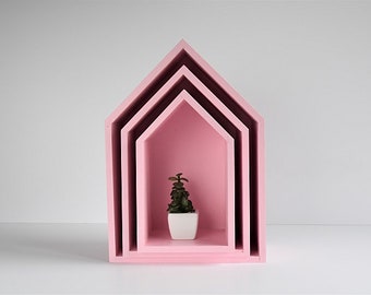 Pink wooden house shaped shelves - Set of 3 wall hanging shelf - Scandinavian style kids room decor - Display shelves