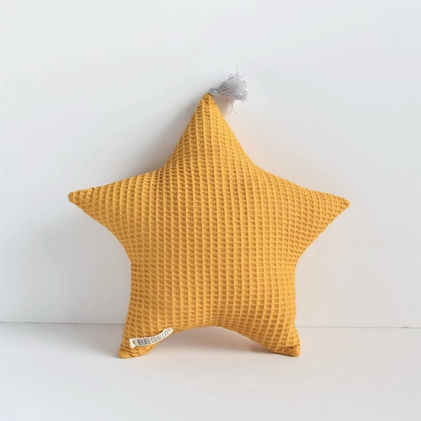 Almohada estrella amarilla mostaza - Cojín en forma de estrella - Cojín estrella amarillo maíz - Decoración de la habitación de los niños almohada nurseru - almohada para niños