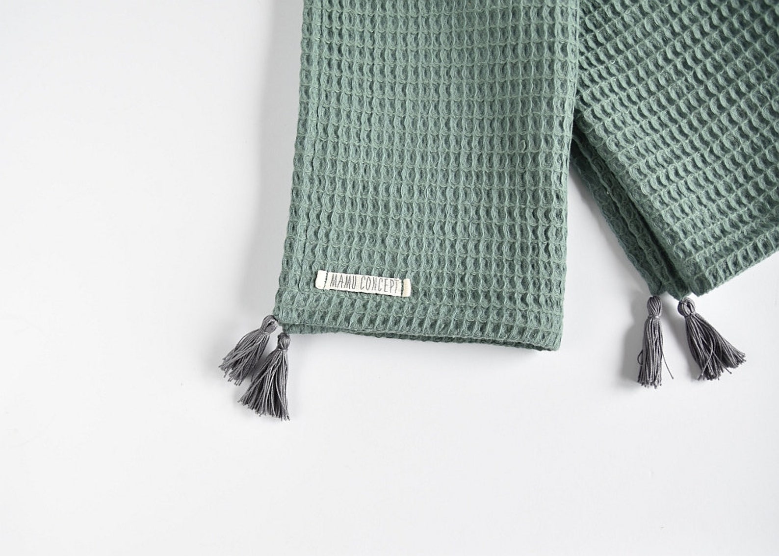 Sage Green Baby Blanket With Tassels Waffle Cotton Boho Blanket Gender Neutral Toddler Blanket