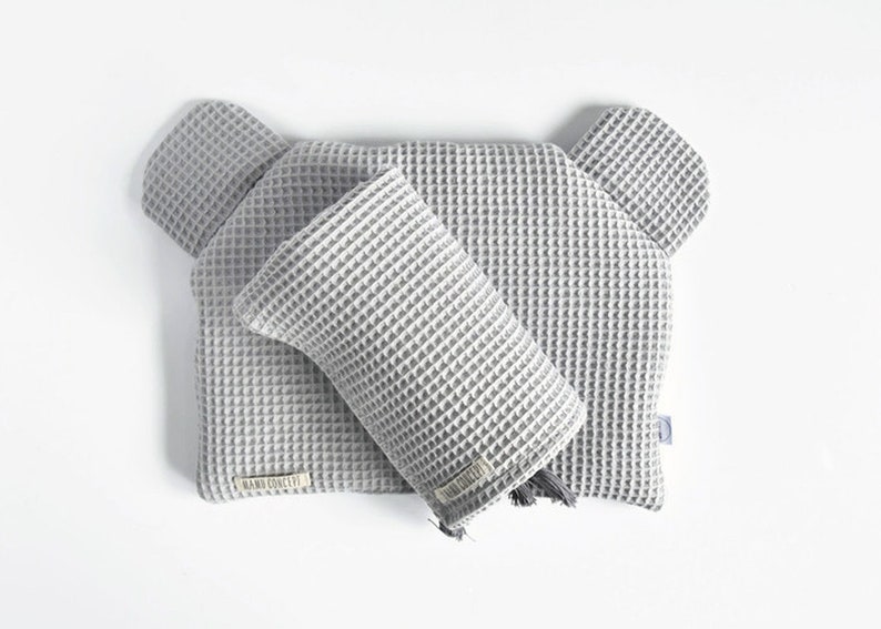 Waffle cotton baby shower gift Bear head flat baby pillow with ears Light gray animal shaped pillow