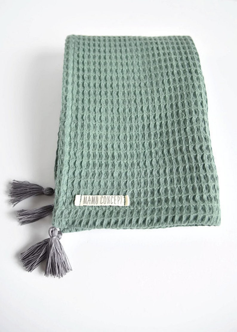 Sage green baby blanket with tassels Waffle cotton boho Etsy