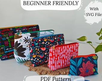 May include: A collection of five colorful zippered pouches with various patterns, including floral, bird, and abstract designs. The pouches are displayed on a woven mat. Text on the image reads "Pebble Pouch (5 Sizes)" and "BEGINNER FRIENDLY".