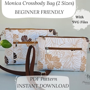 May include: Two white crossbody bags with a floral pattern in brown and tan. The bags have brown straps and zippers. Text on the image reads "Monica Crossbody Bag (2 Sizes) BEGINNER FRIENDLY" and "PDF Pattern INSTANT DOWNLOAD".