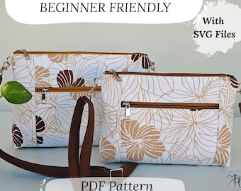 May include: Two white crossbody bags with a floral pattern in brown and tan. The bags have brown straps and zippers. Text on the image reads "Monica Crossbody Bag (2 Sizes) BEGINNER FRIENDLY" and "PDF Pattern INSTANT DOWNLOAD".