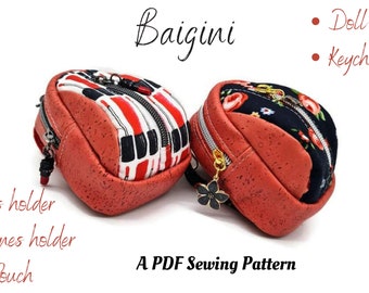 May include: Two small red cork fabric bags with zipper closures. One bag has a black, white, and red patterned fabric lining and the other has a black fabric lining with a floral pattern. The bags are labeled "Baigini" and "A PDF Sewing Pattern".