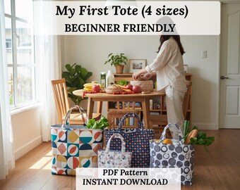 May include: Four tote bags with different geometric patterns are displayed in a room. The bags are in various sizes and colors, including blue, orange, and white. The text "My First Tote (4 sizes) BEGINNER FRIENDLY" is at the top of the image.