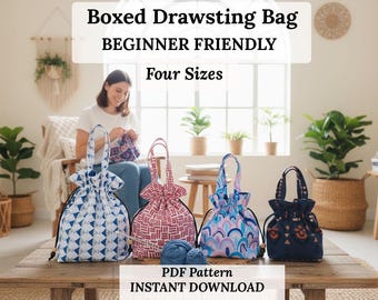 May include: Four boxed drawstring bags in various colors and patterns, including blue with white triangles, pink with a geometric design, and blue with a rainbow pattern. The bags are on a wooden table. Text on the image reads "Boxed Drawstring Bag, Beginner Friendly, Four Sizes, PDF Pattern, Instant Download."