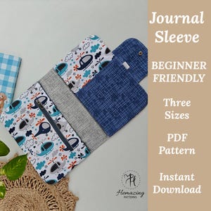 May include: A journal sleeve with a zipper closure, featuring a pattern of helicopters, clouds, and stars in blue, gray, and white. The sleeve is made of various fabrics and includes text that reads "Journal Sleeve" and "Beginner Friendly."