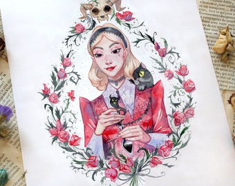 Original Watercolor Painting Oppunio Young Witch With Etsy