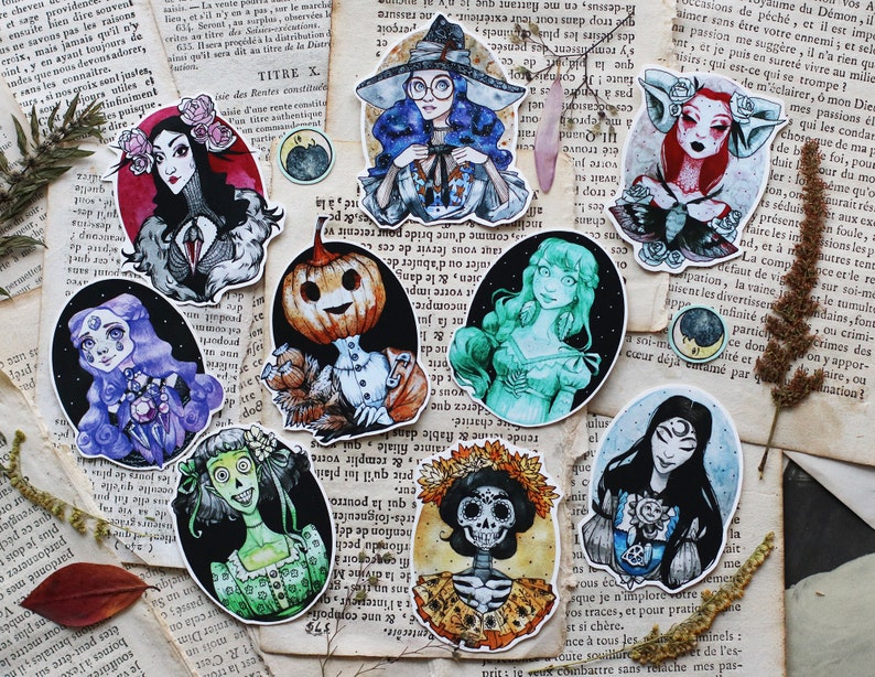 Moon dark gothic halloween sticker pack set of 7 Moon witch sticker bundle Big sticker bomb collection planner journal gift for friend.